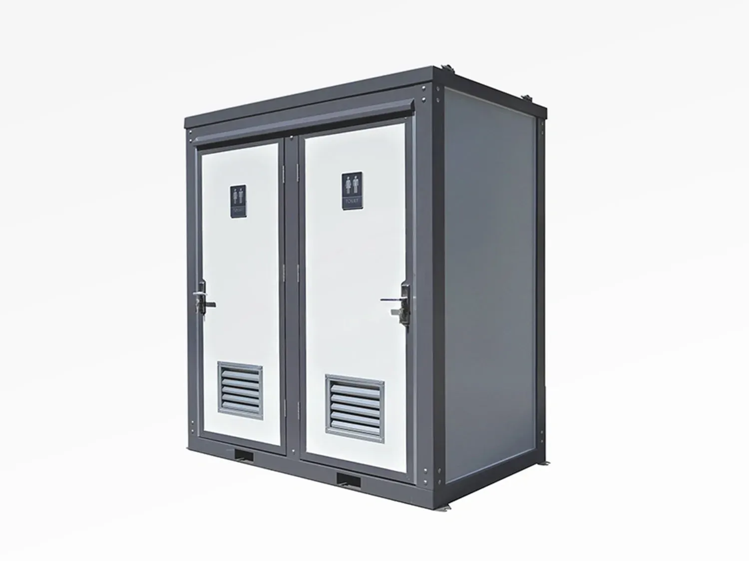 Gray and white portable restroom with two separate stalls, set against a plain white background.
