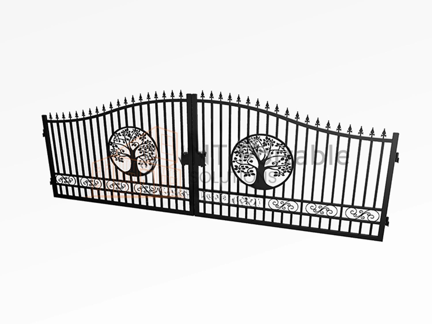 Black wrought iron double gate with tree designs, on a white background.