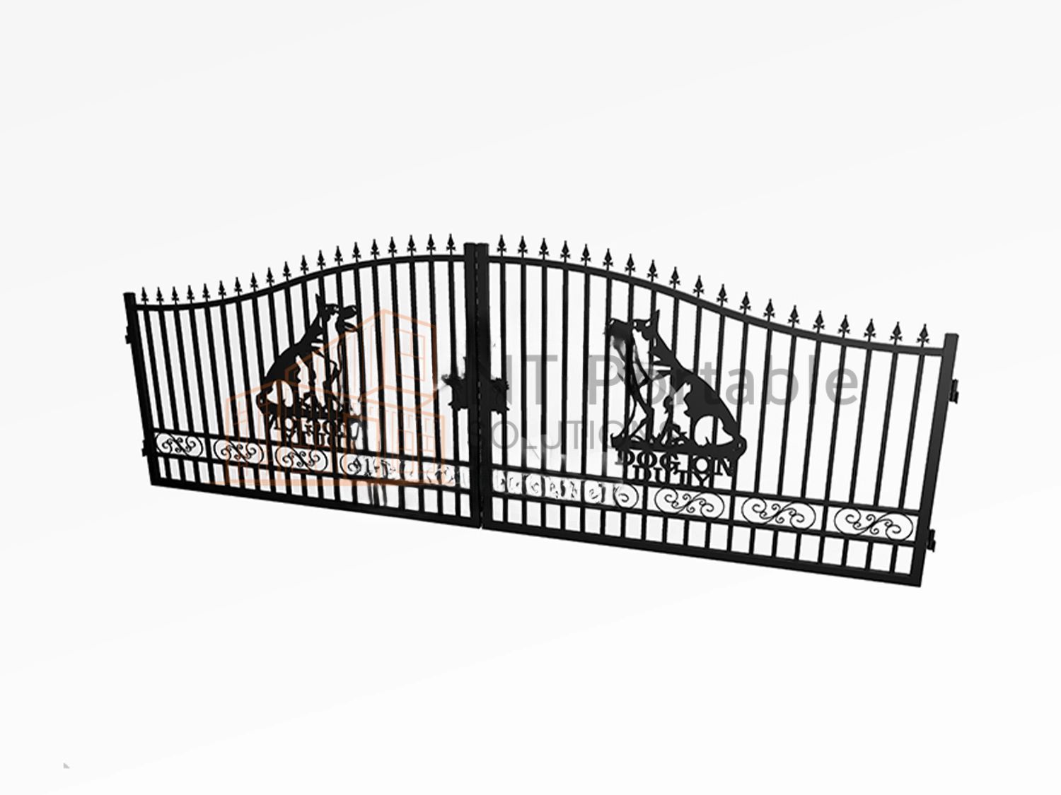 Black wrought iron gate with dog silhouettes, arched top, spiked finials, and decorative scrolls.