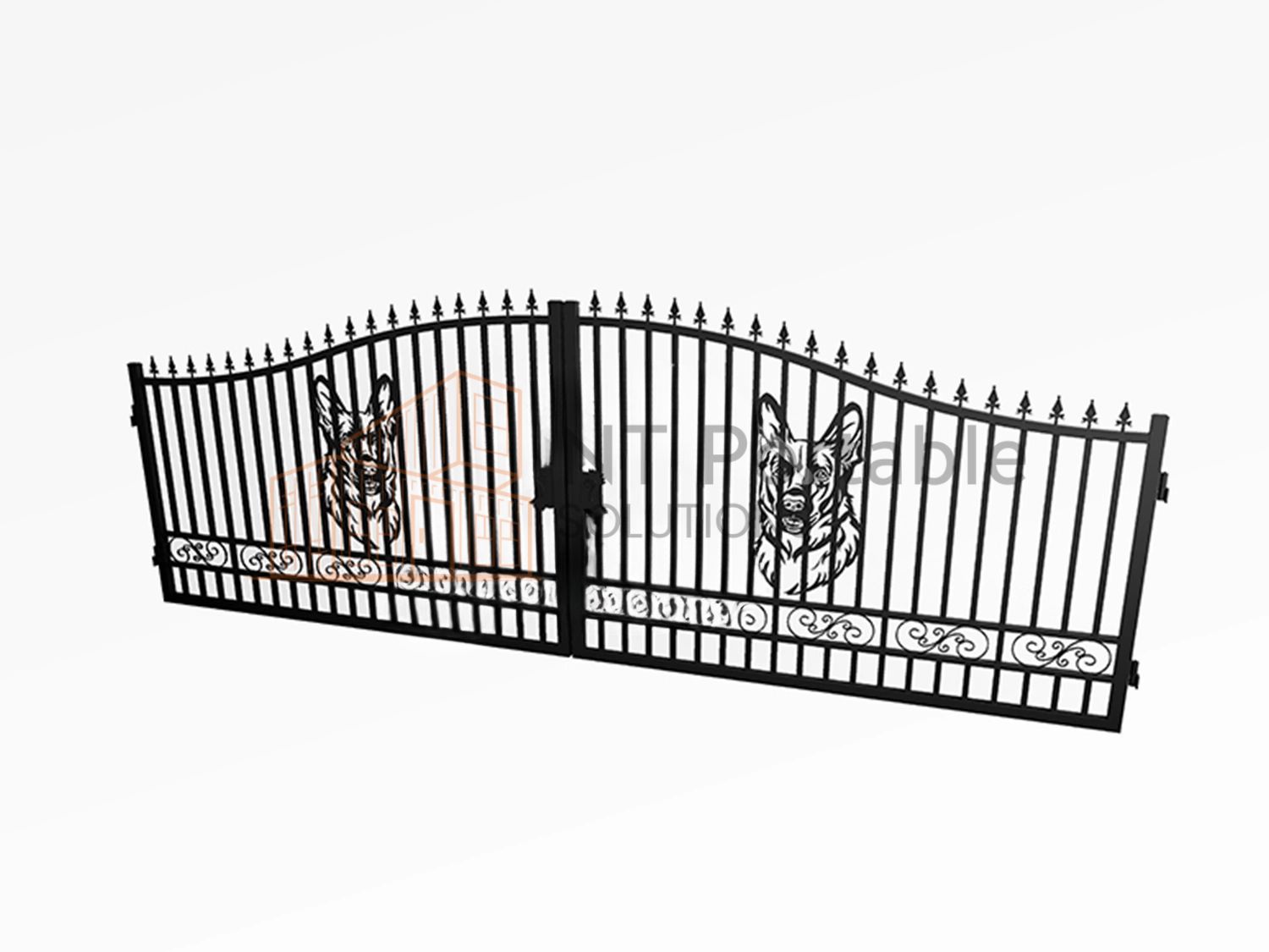 Black wrought iron driveway gates with decorative dog head emblems and finials.