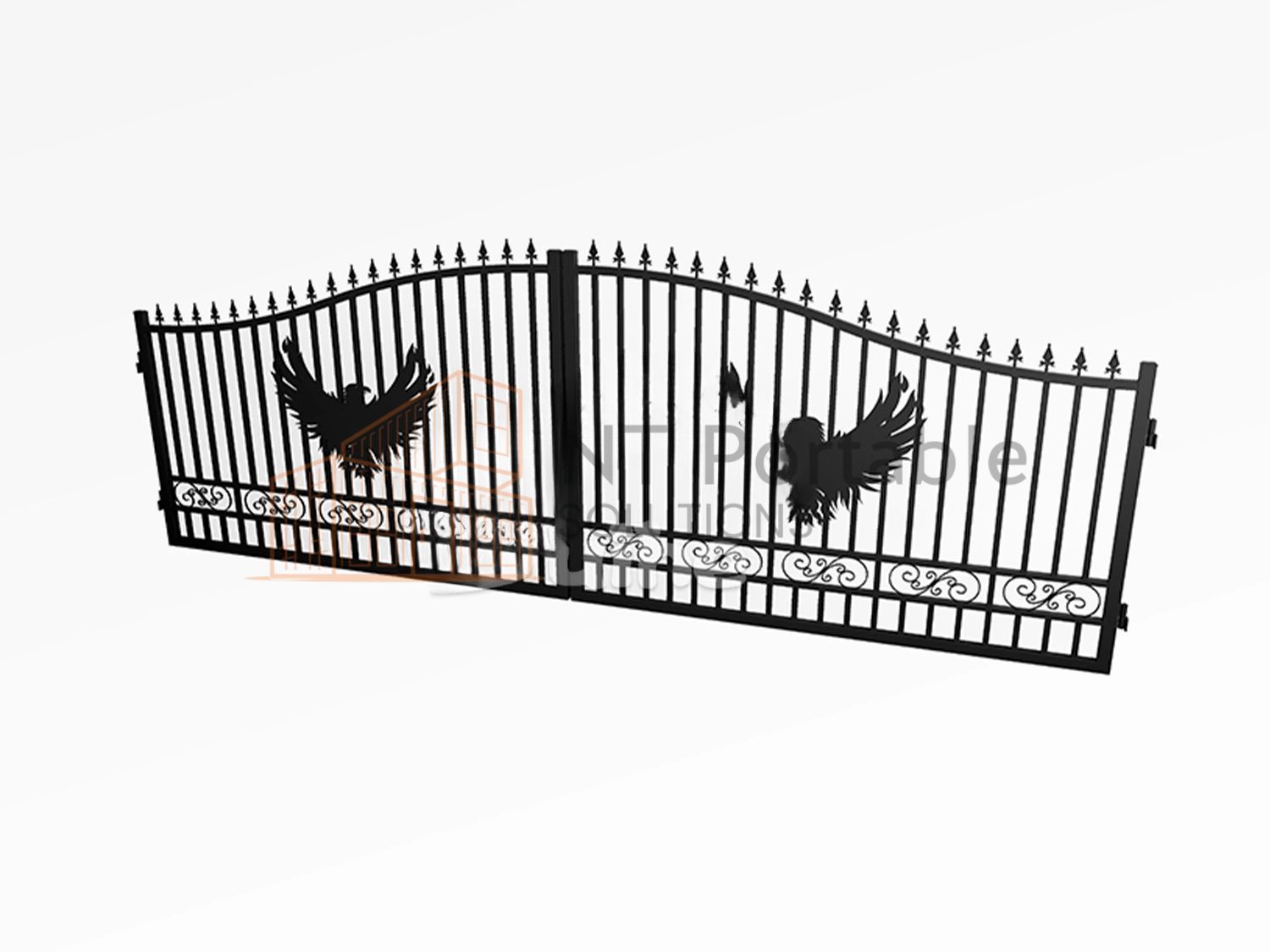 Black wrought iron gate with decorative bird silhouettes.