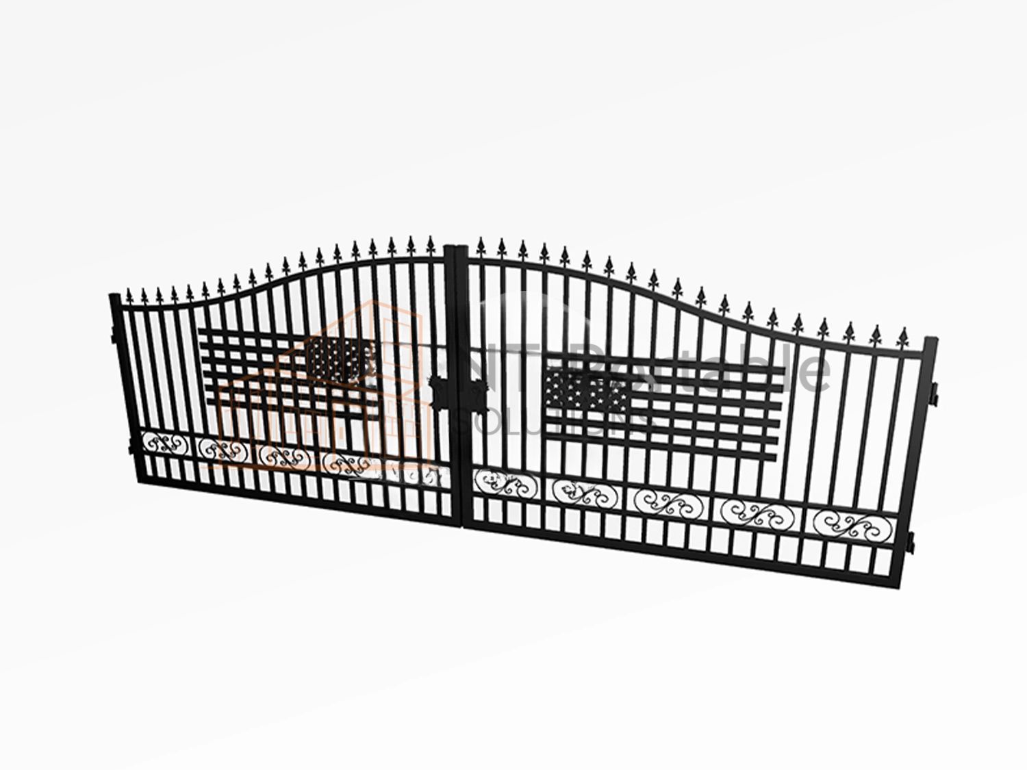 Black metal driveway gates, ornate design, against a white background.