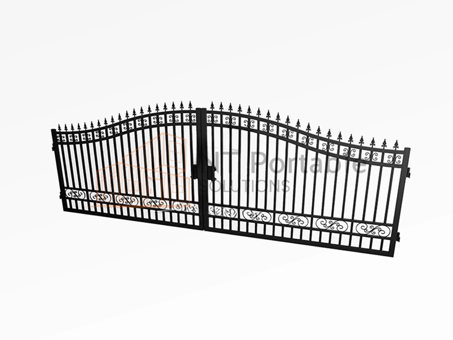 Black wrought iron gate with arched top and decorative scrollwork.