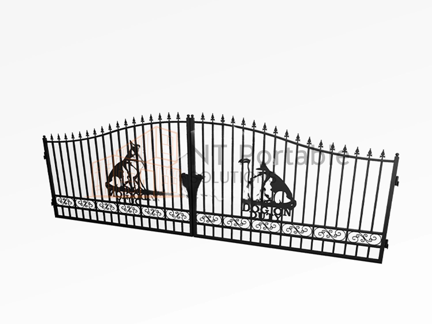 Black iron gate with dog silhouettes, decorative scrollwork, and pointed top, set against a white background.