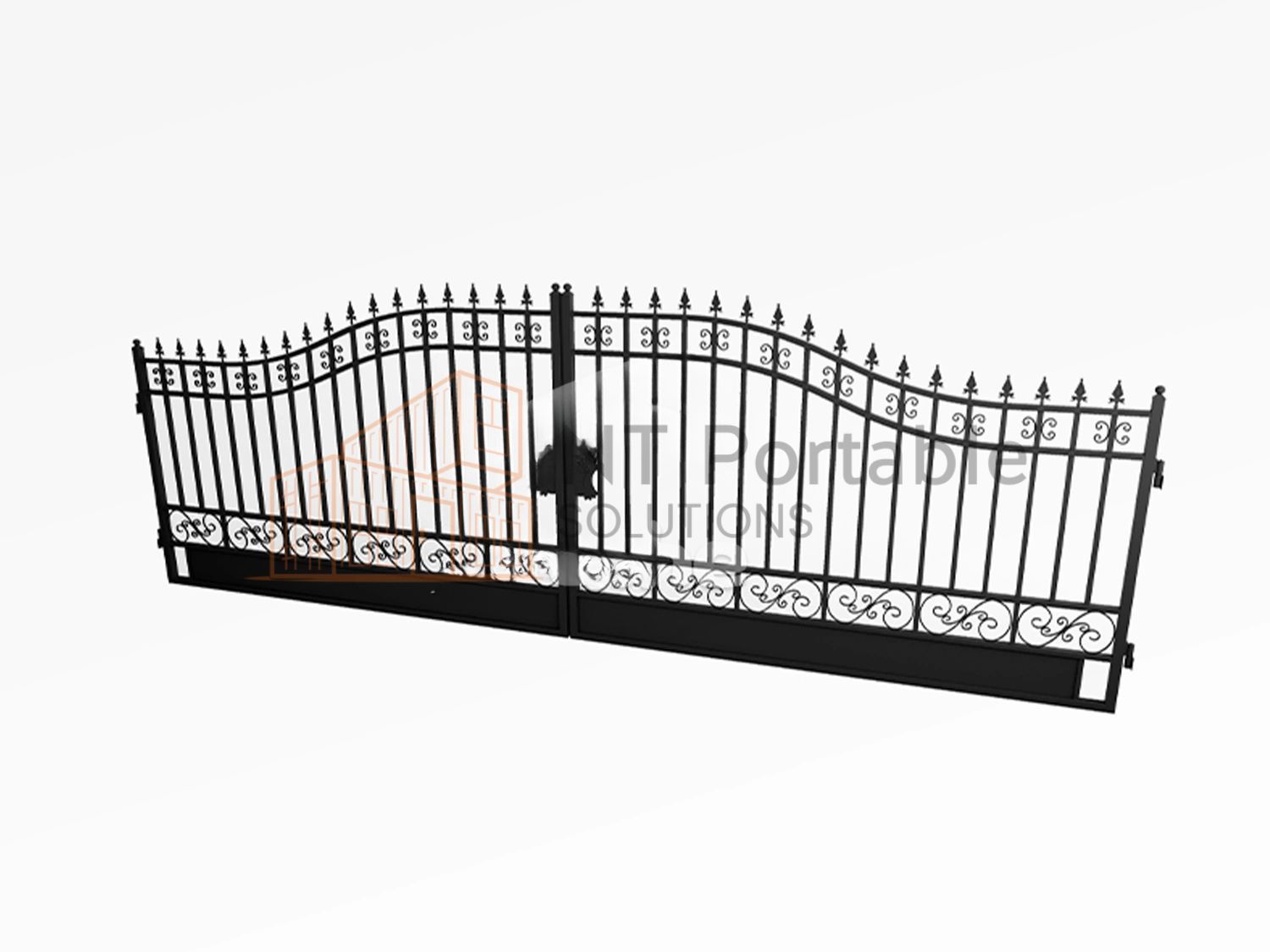 Black wrought iron driveway gate with decorative scrollwork and spikes.