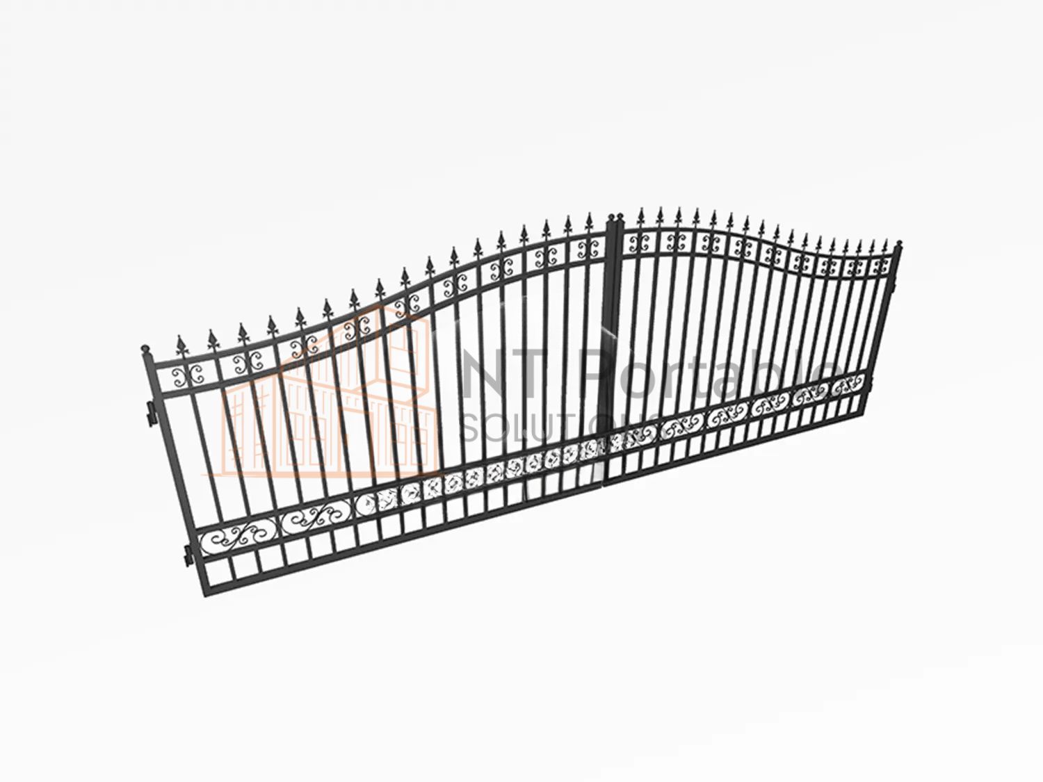 Black wrought iron gate with decorative scrollwork and pointed finials.