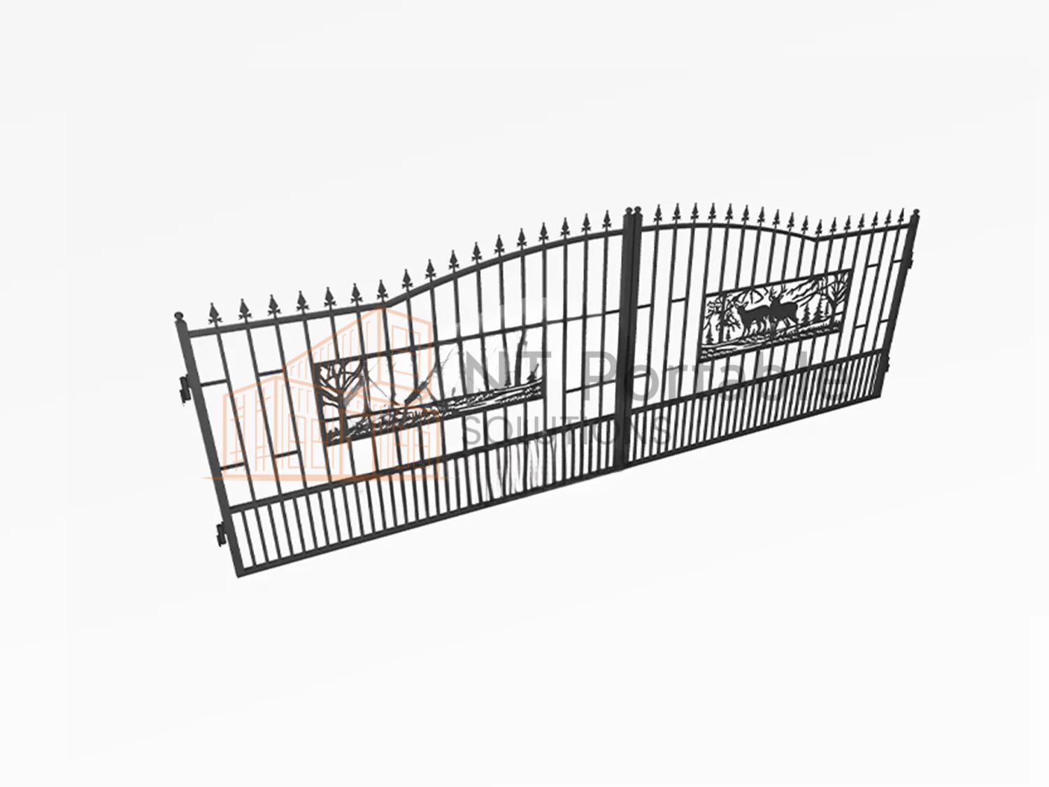 Black wrought iron gate with decorative panels and pointed top.