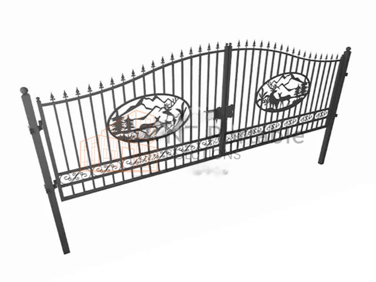 Black iron gate with mountain scene details.