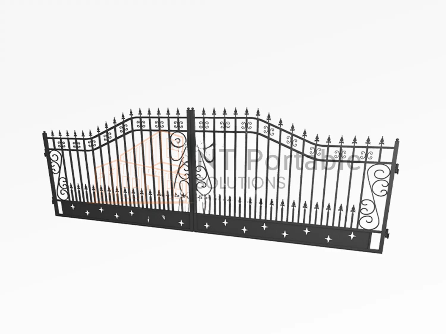 Black wrought iron gate with decorative scrollwork and pointed finials.
