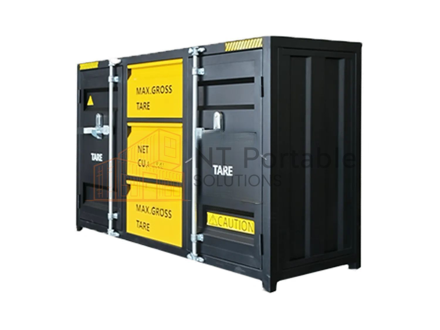 Black and yellow storage containers resembling shipping containers, side-by-side.