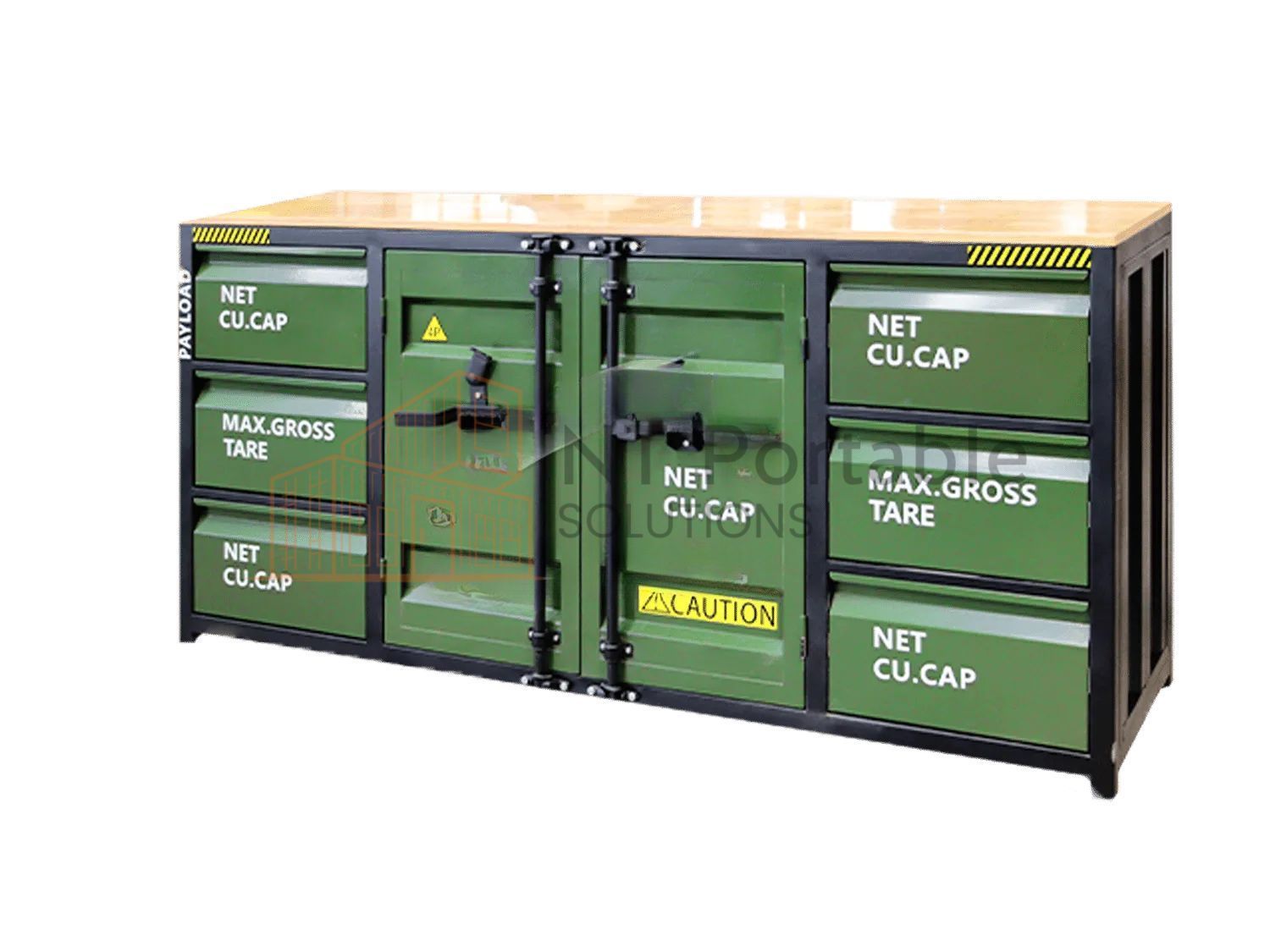 Green storage cabinet made to look like shipping containers, with wooden top and black metal frame.