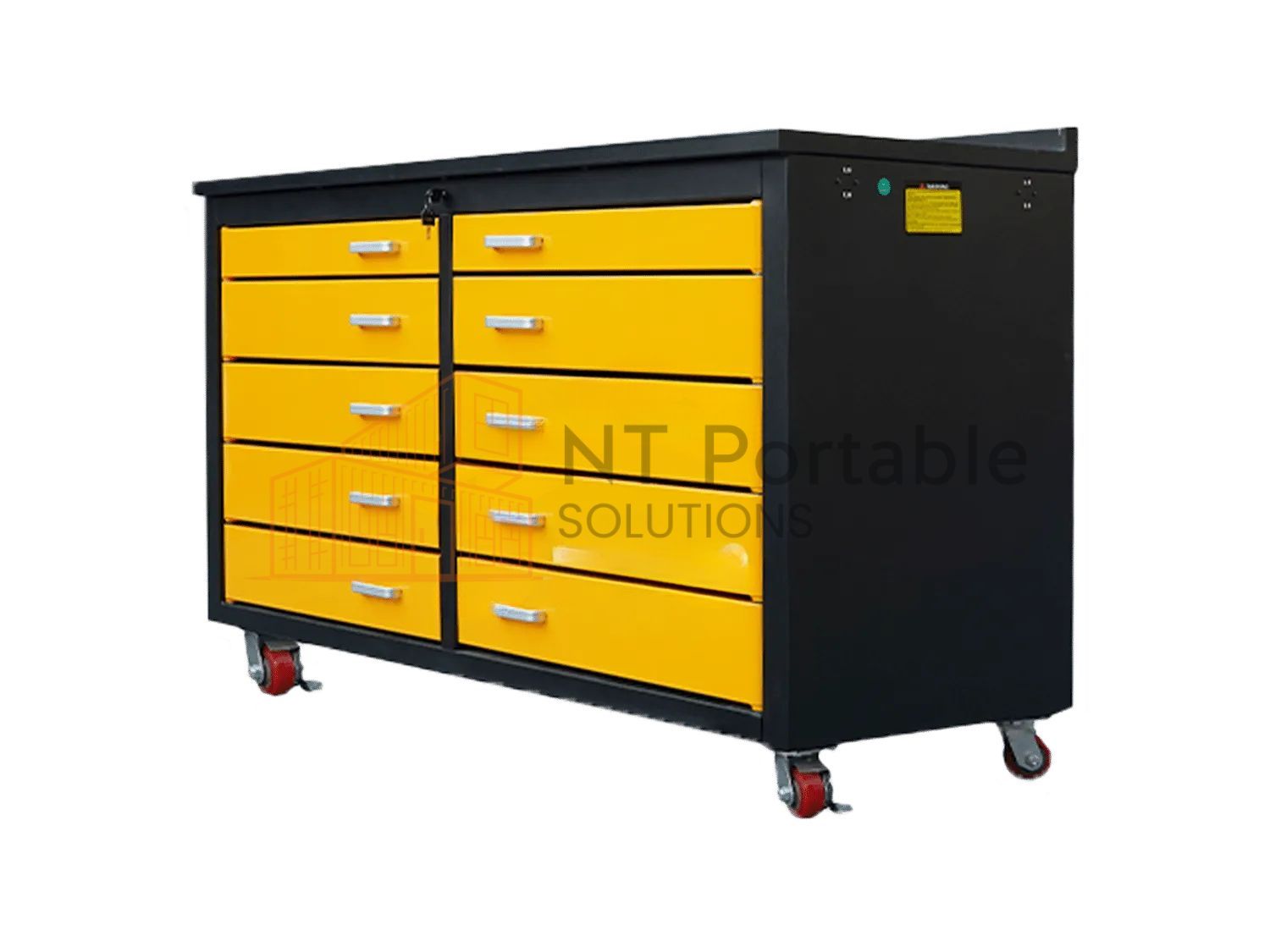 Black and yellow tool chest on wheels with eight drawers.