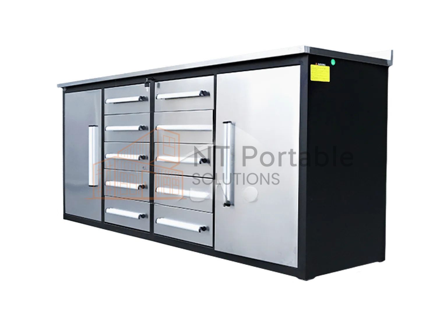 Stainless steel storage cabinet with multiple drawers and doors, black frame.