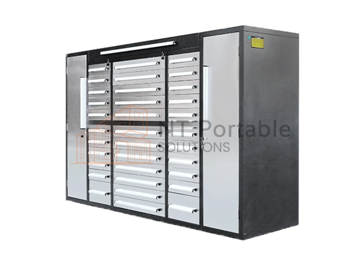 A large, gray and silver cabinet with numerous drawers, likely for storage, possibly in a lab setting.