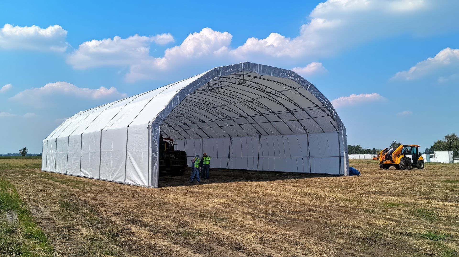 A large white tent is sitting in the middle of a field.