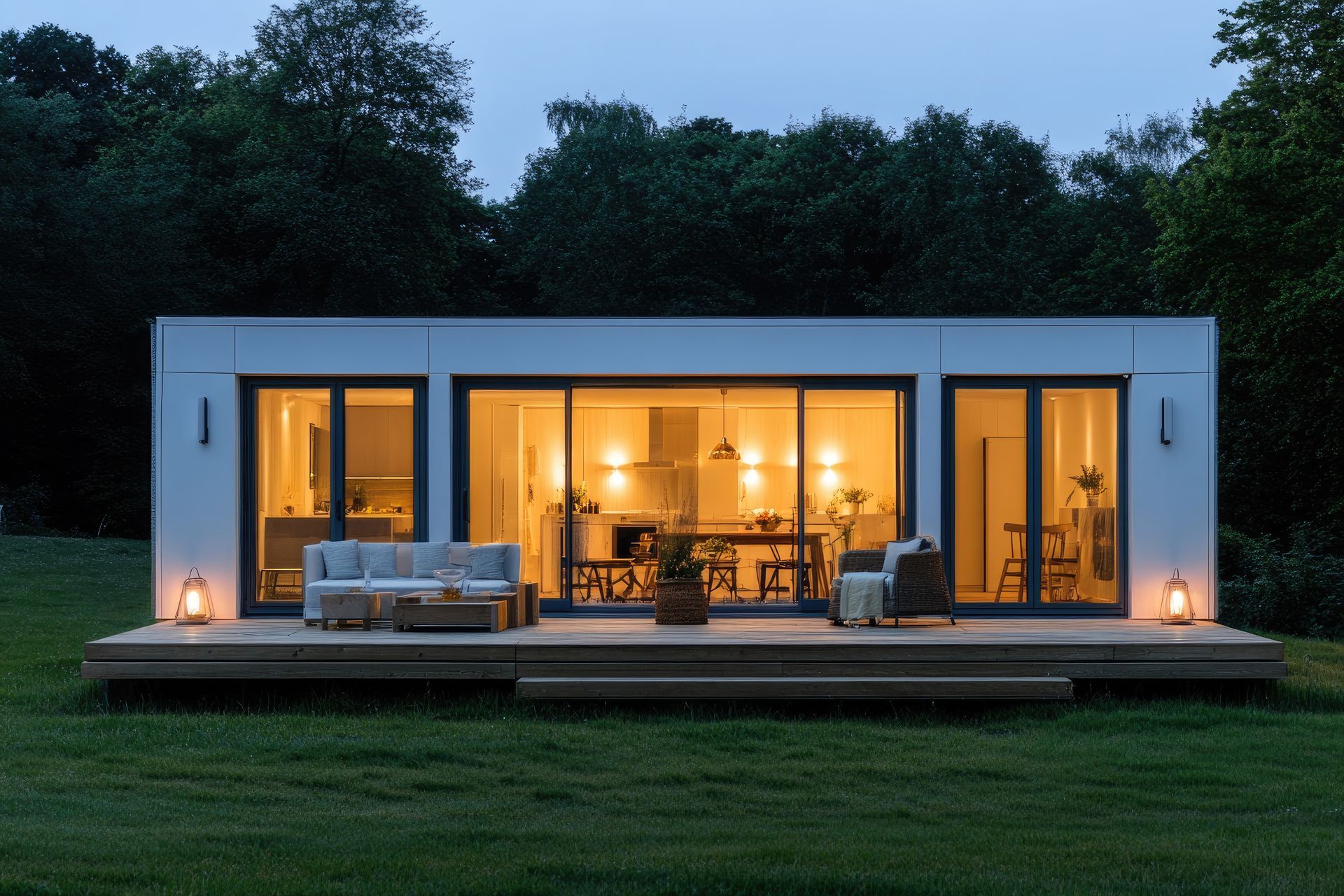 Modern rectangular cabin with large windows and outdoor deck, glowing warm light at dusk.