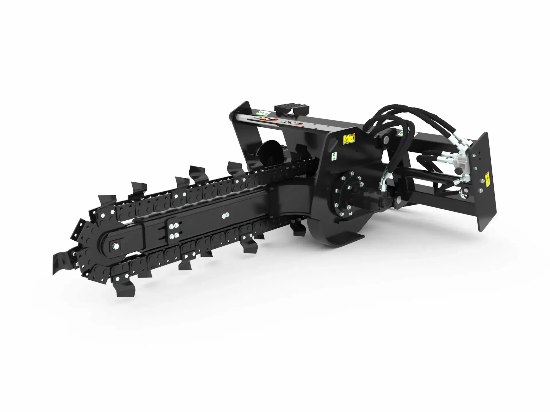 Black trencher attachment for heavy equipment on a white background.