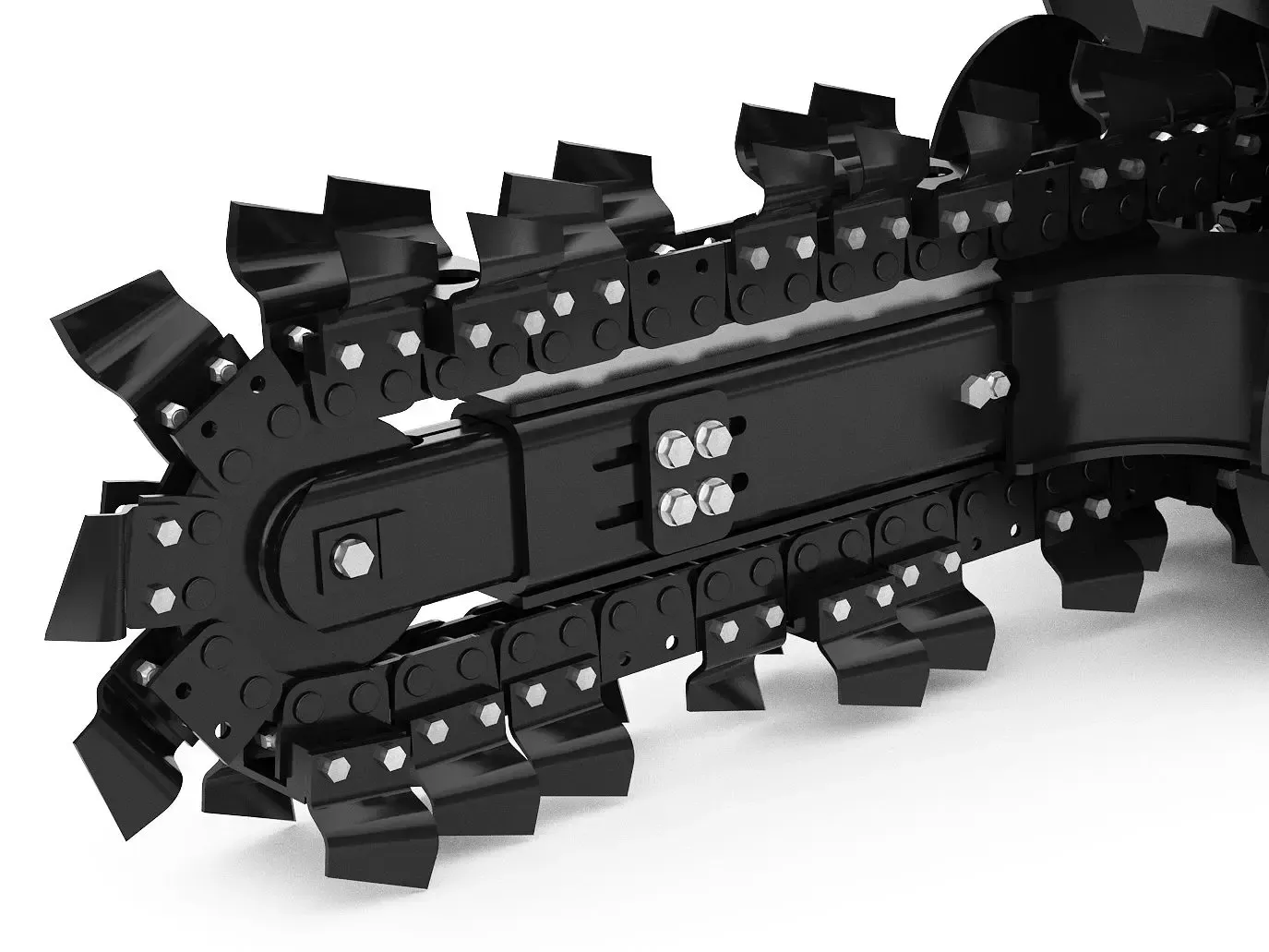 Black trenching machine cutting teeth close-up.