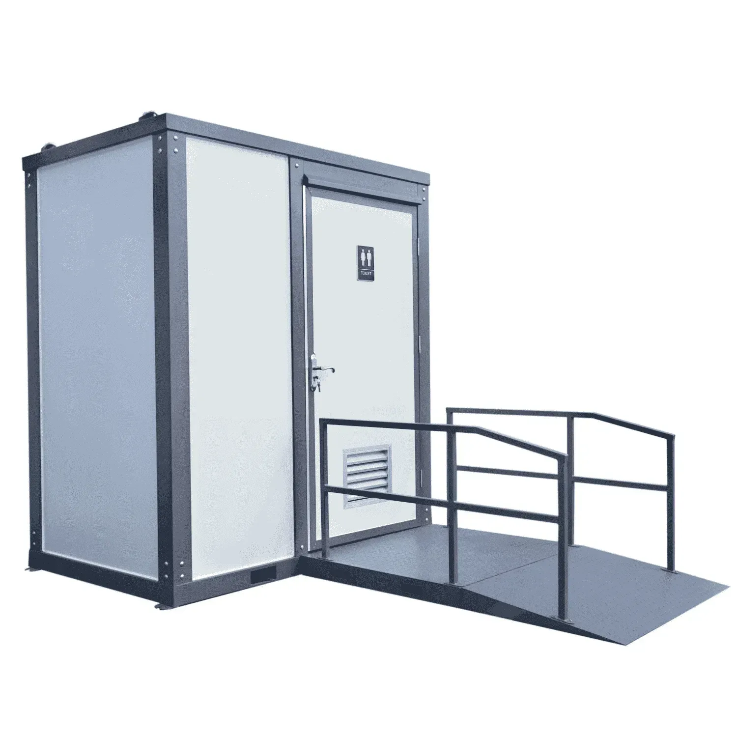 Accessible restroom with ramp, gray metal frame, white walls, handicap symbol on the door.