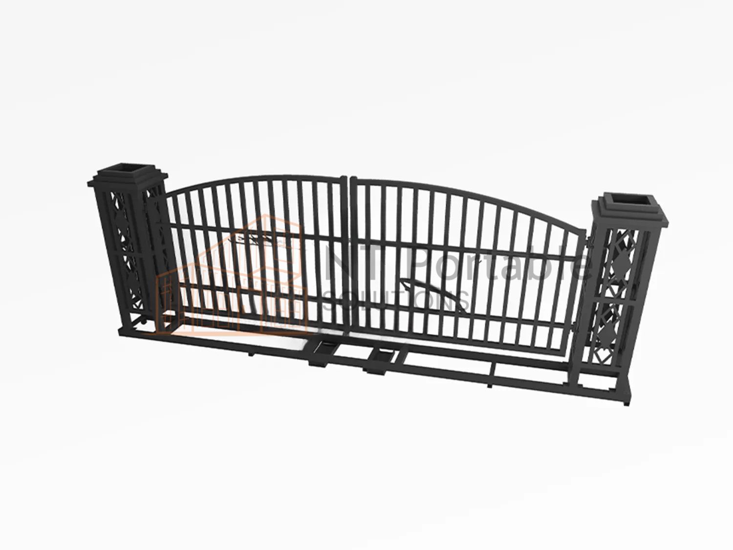 Black wrought-iron gate with two pillars, arched top, on white background.