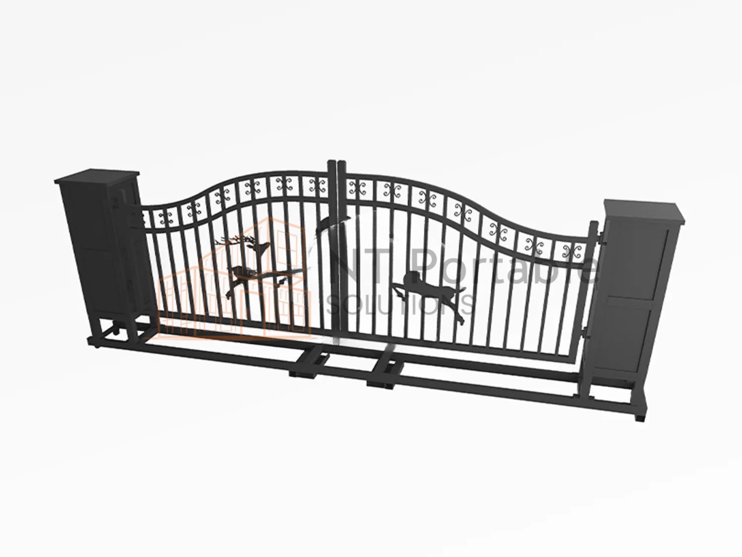 Black iron gate with deer silhouette details, spanning between two posts.