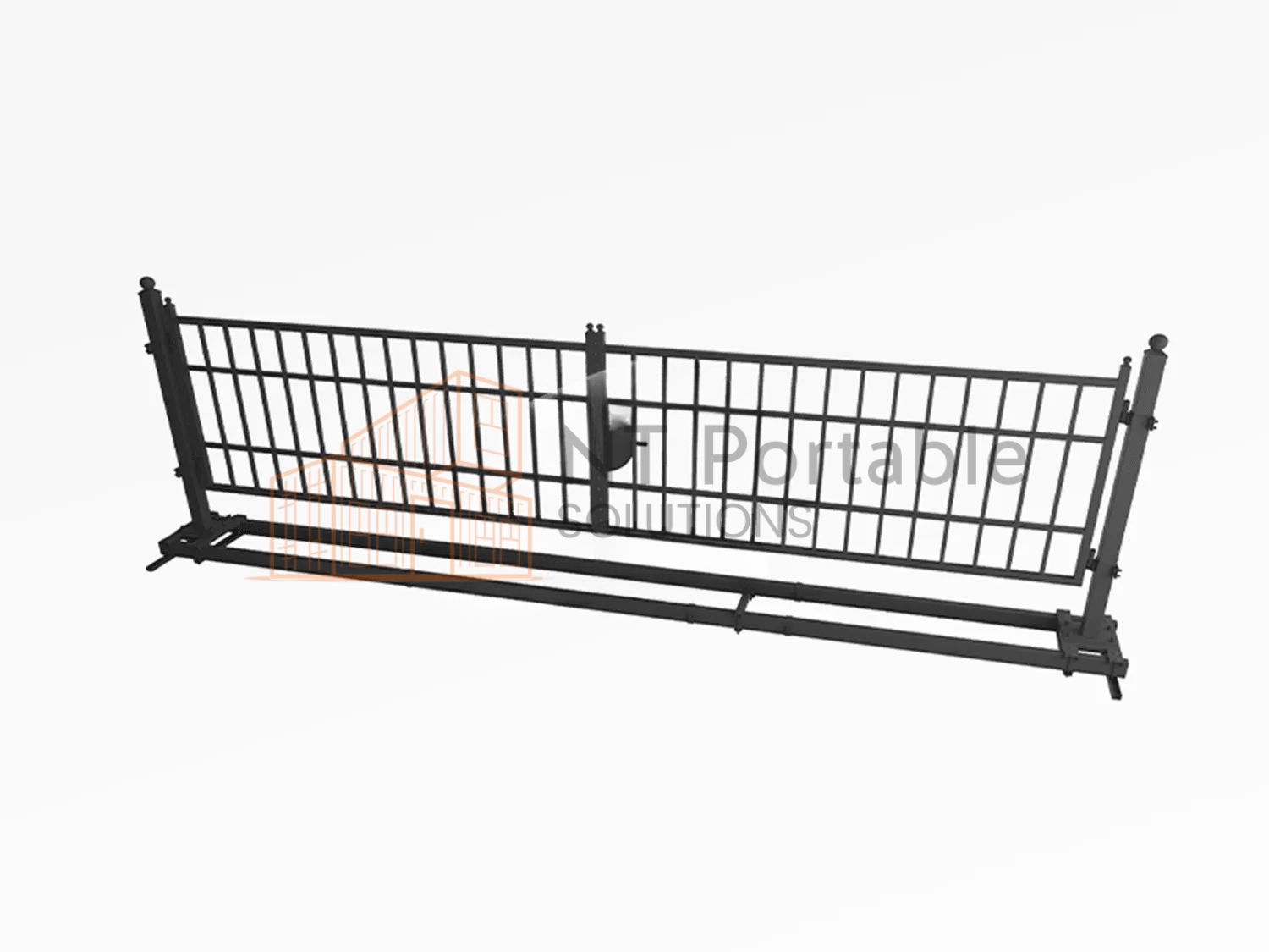 Black metal crowd control barrier, flat on a white background.