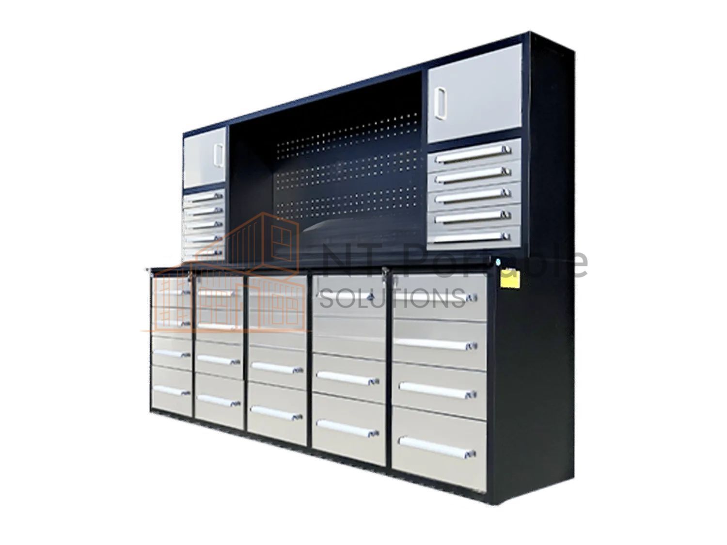 Metal workbench with drawers, cabinets, and pegboard backsplash. Black and silver.