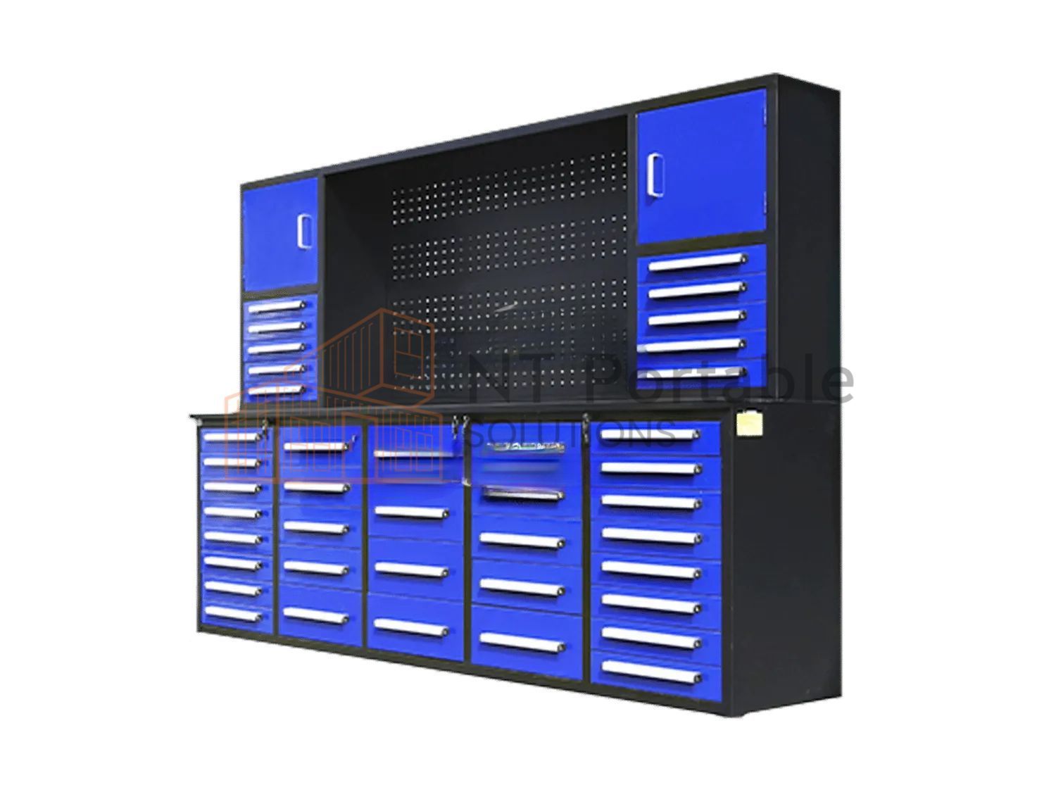 Blue and black metal workbench with drawers, cabinets, and pegboard backing, against a white background.
