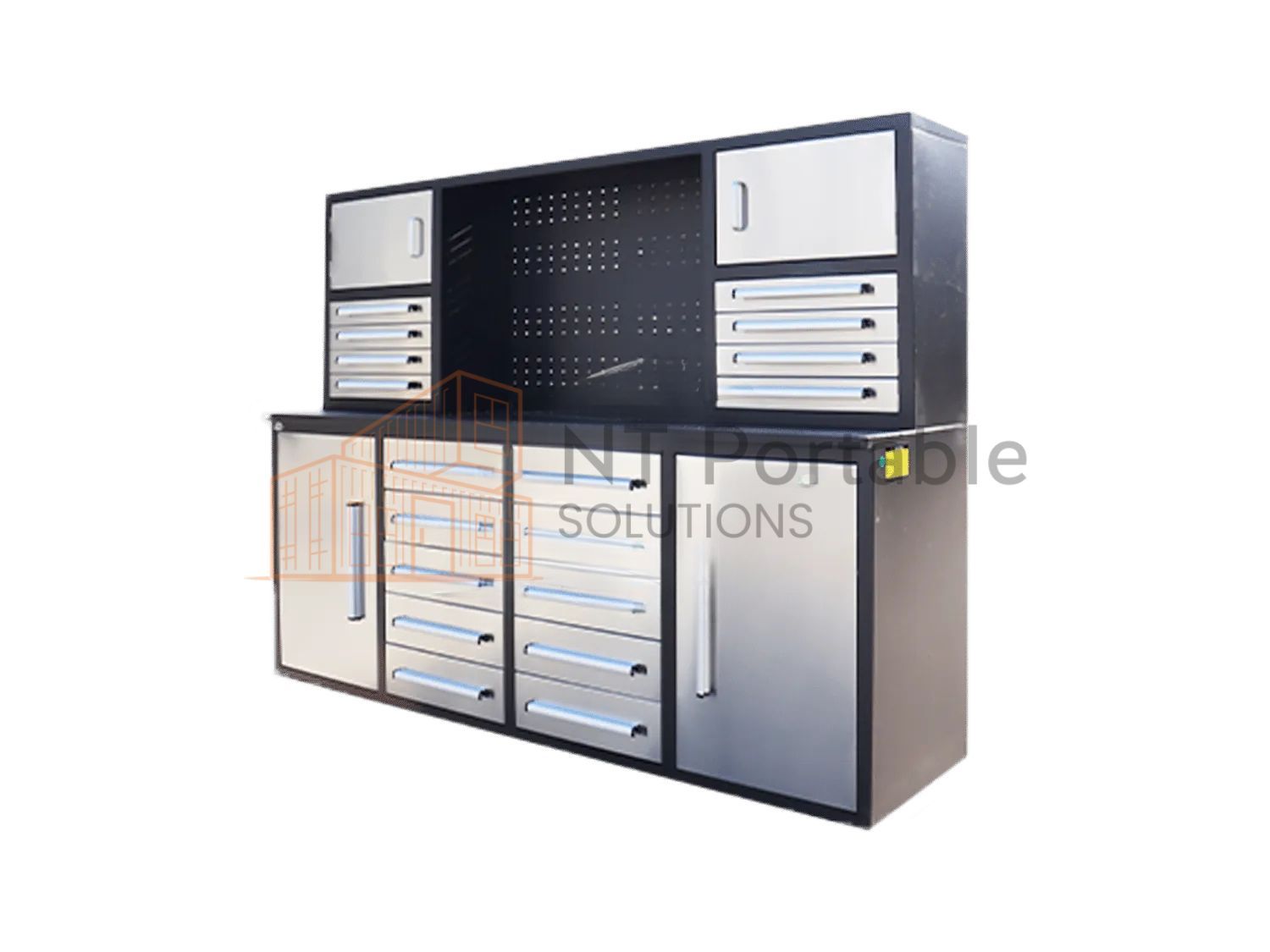 Black and stainless steel garage workbench with upper cabinets, drawers, and pegboard.