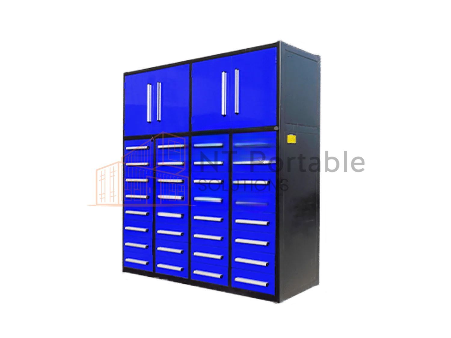 Blue and black metal storage cabinet with multiple drawers and upper cabinets.