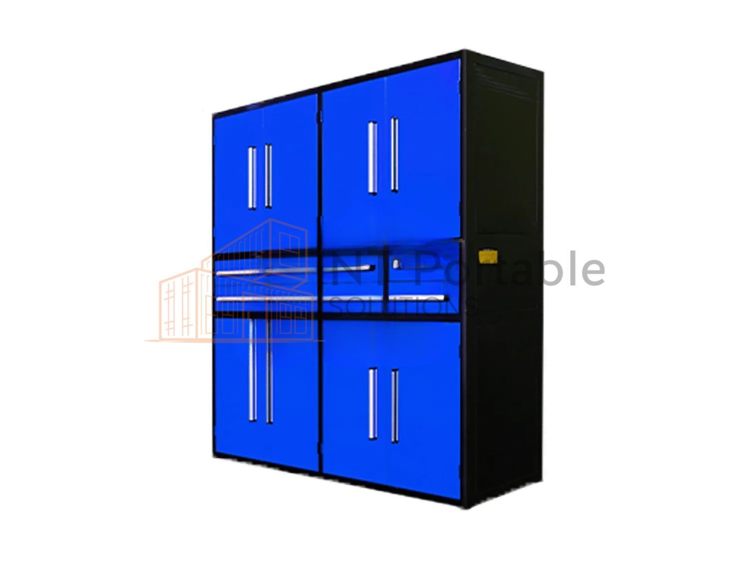 Blue and black cabinet with four doors, handles, and several shelves.