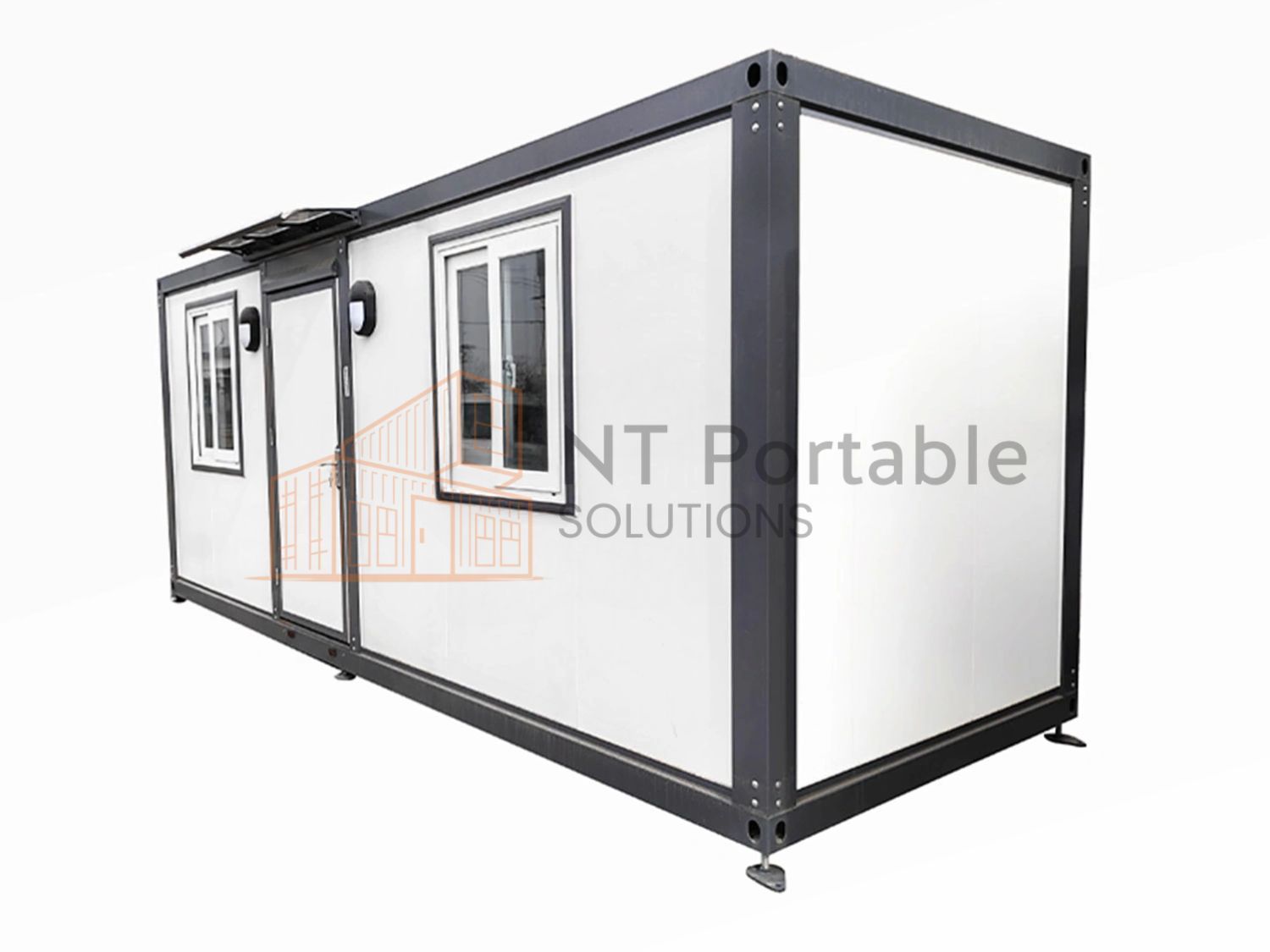 White and gray portable office building with windows and a door.