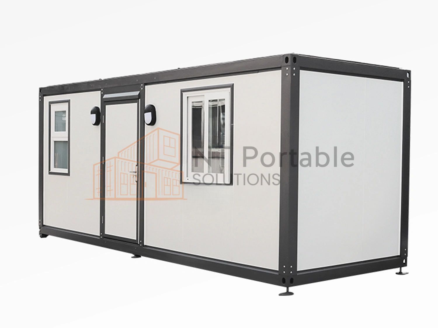 White and black portable container building with a sliding door and windows.