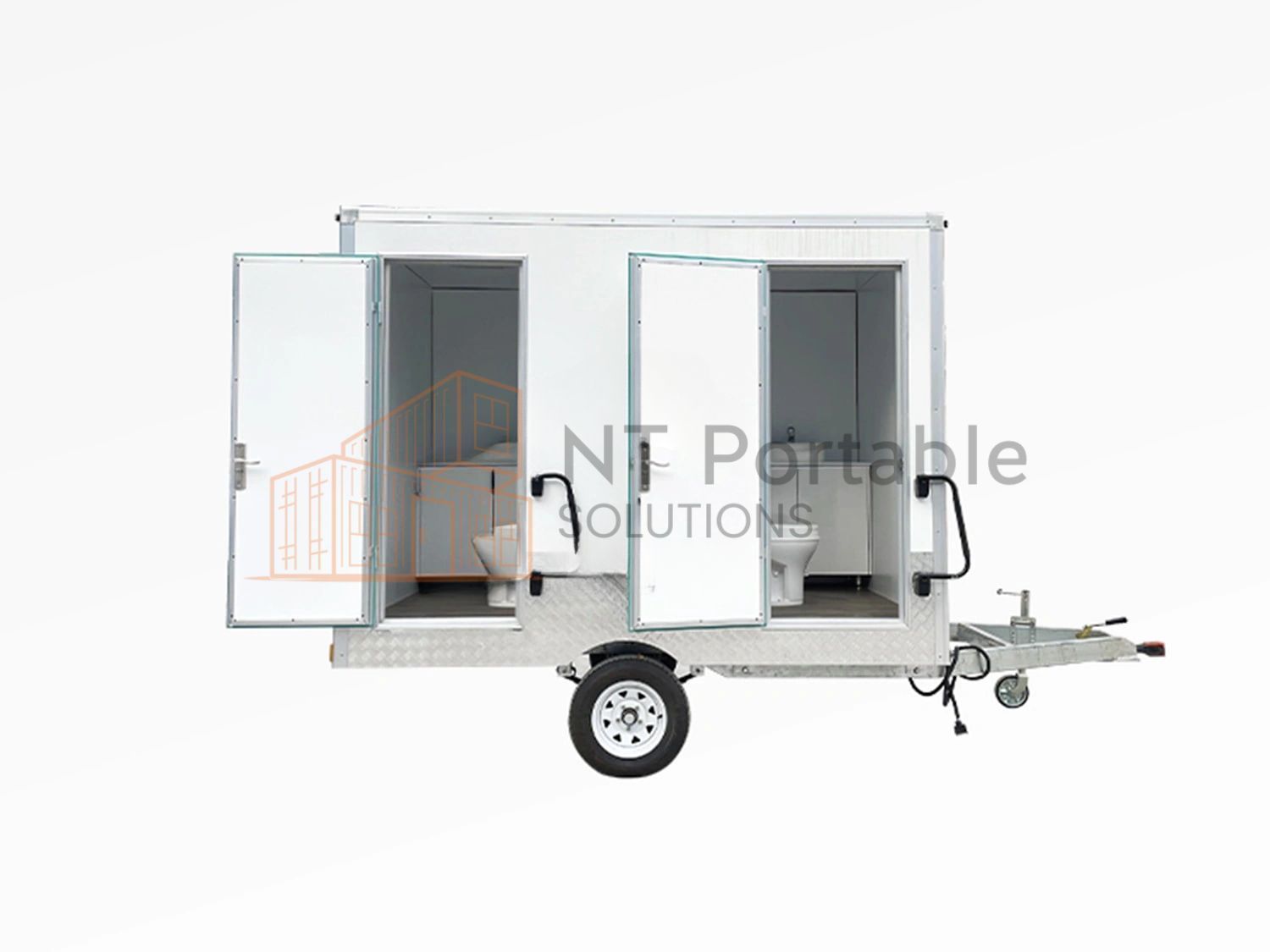 Portable restroom trailer with two stalls, white exterior, single axle, open doors.