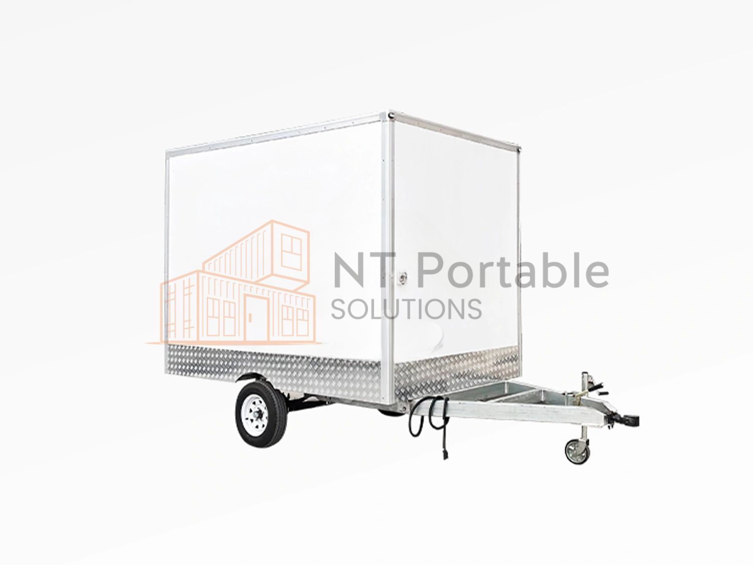 Enclosed white box trailer with diamond plate trim, single axle, on white background. Logo 