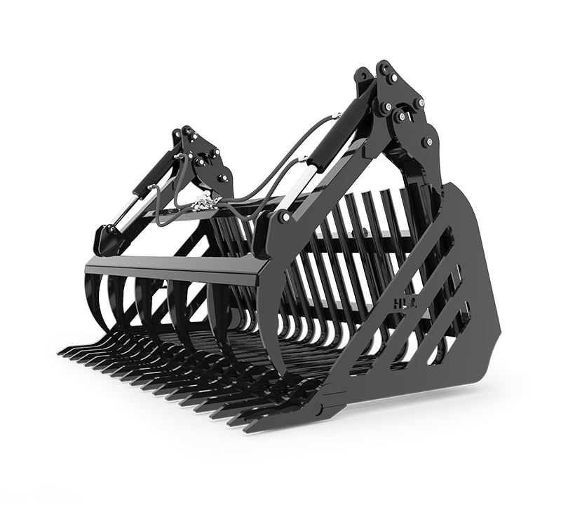 Black grapple bucket attachment for a tractor or excavator, with tines and hydraulic cylinders.
