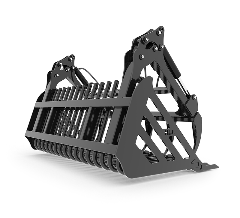 Black grapple bucket attachment for a tractor, designed to move debris.