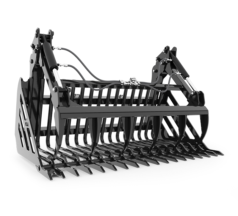 Black grapple bucket attachment for a tractor, with curved tines.