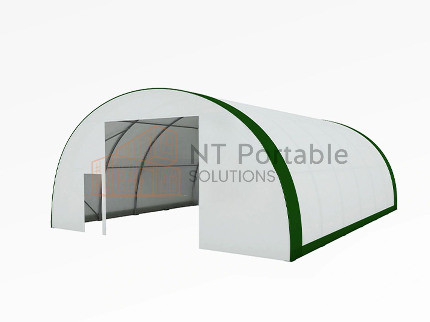 White and green arched portable shelter with open entrance.