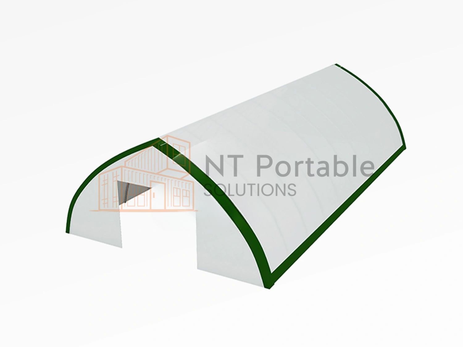 Green and white portable shelter with an open doorway, text 