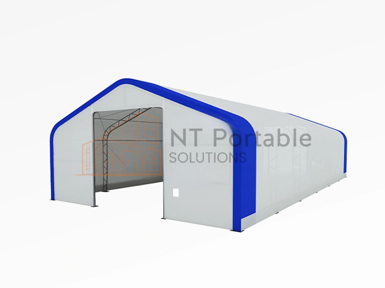 White and blue portable shelter with an open doorway.