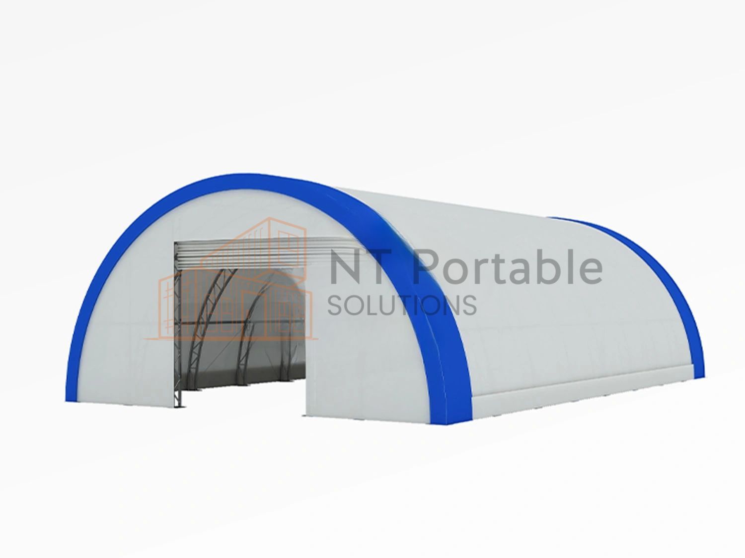 White and blue portable storage building with an arched roof and open entrance.