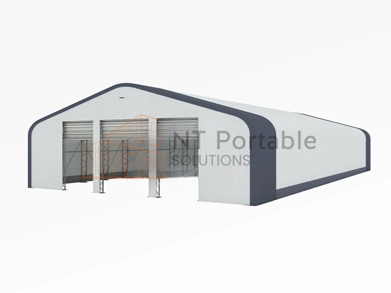 A white, arched-roof portable building with three garage door openings; gray trim.