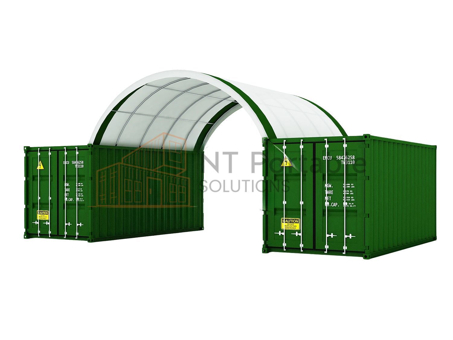 Two green shipping containers with a curved white roof structure in between.