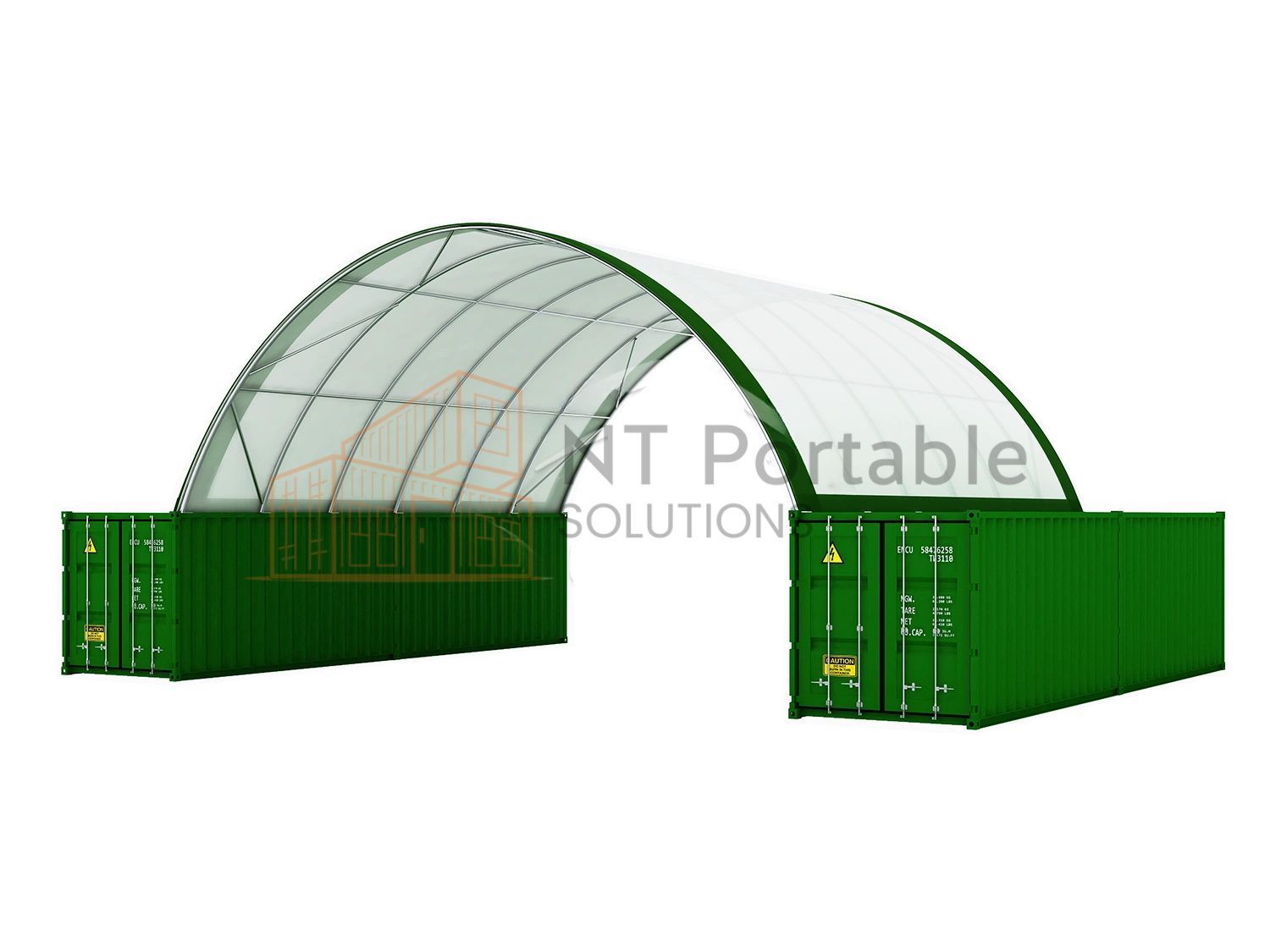 Green shipping containers support an arched roof structure, forming a covered workspace.