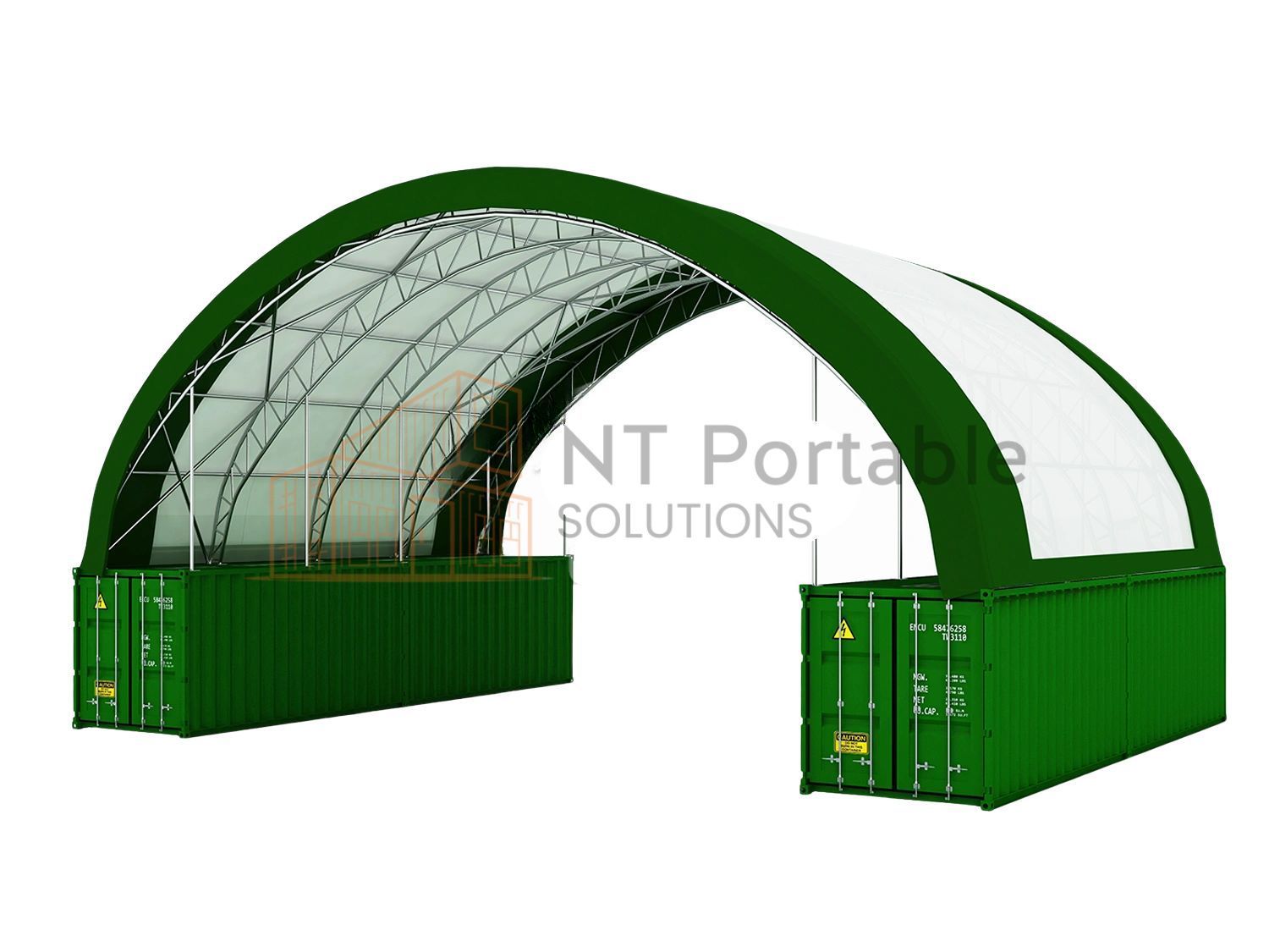 Green shipping containers form a base for a semi-circular, white and green fabric shelter.