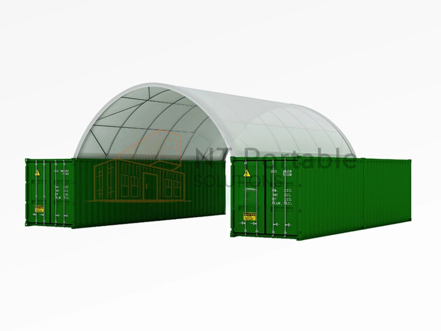 Green shipping containers with a white arched fabric shelter, outdoors.