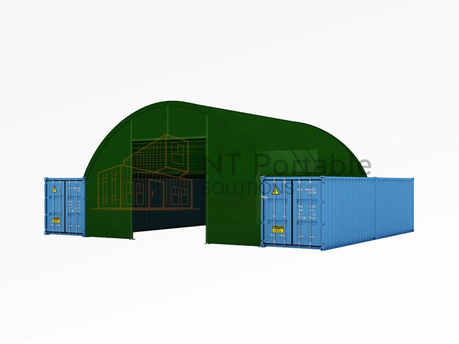 Green arched tent structure supported by blue shipping containers.
