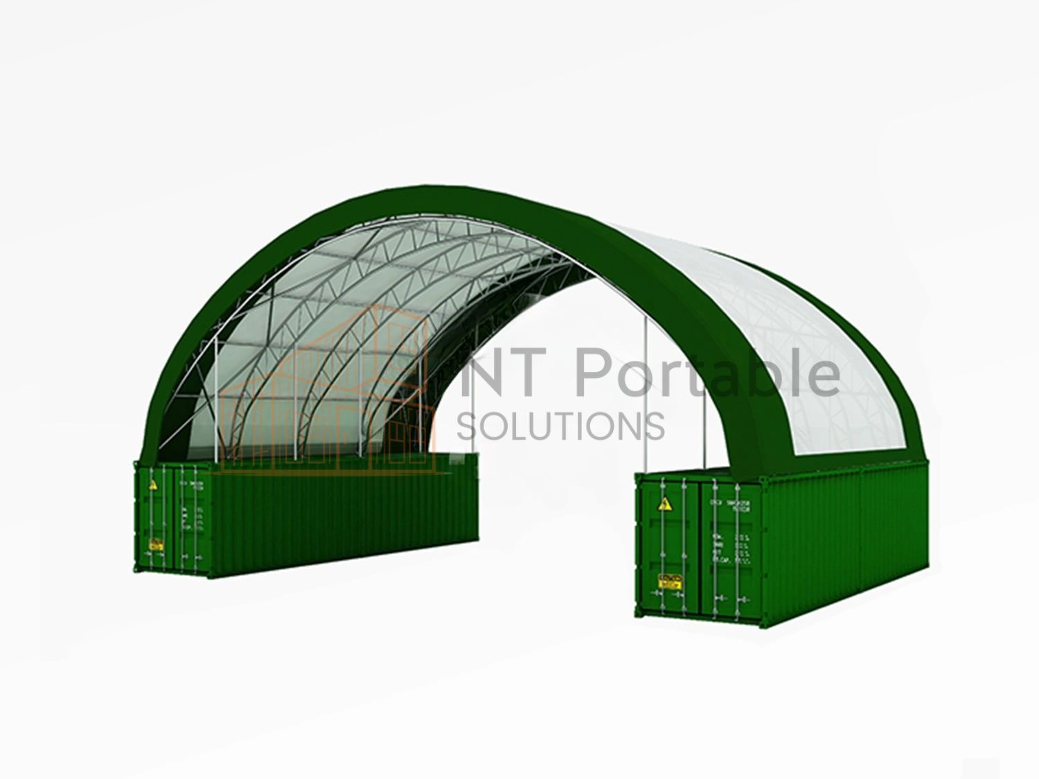 Green shipping containers support an arched, white-roofed structure; 