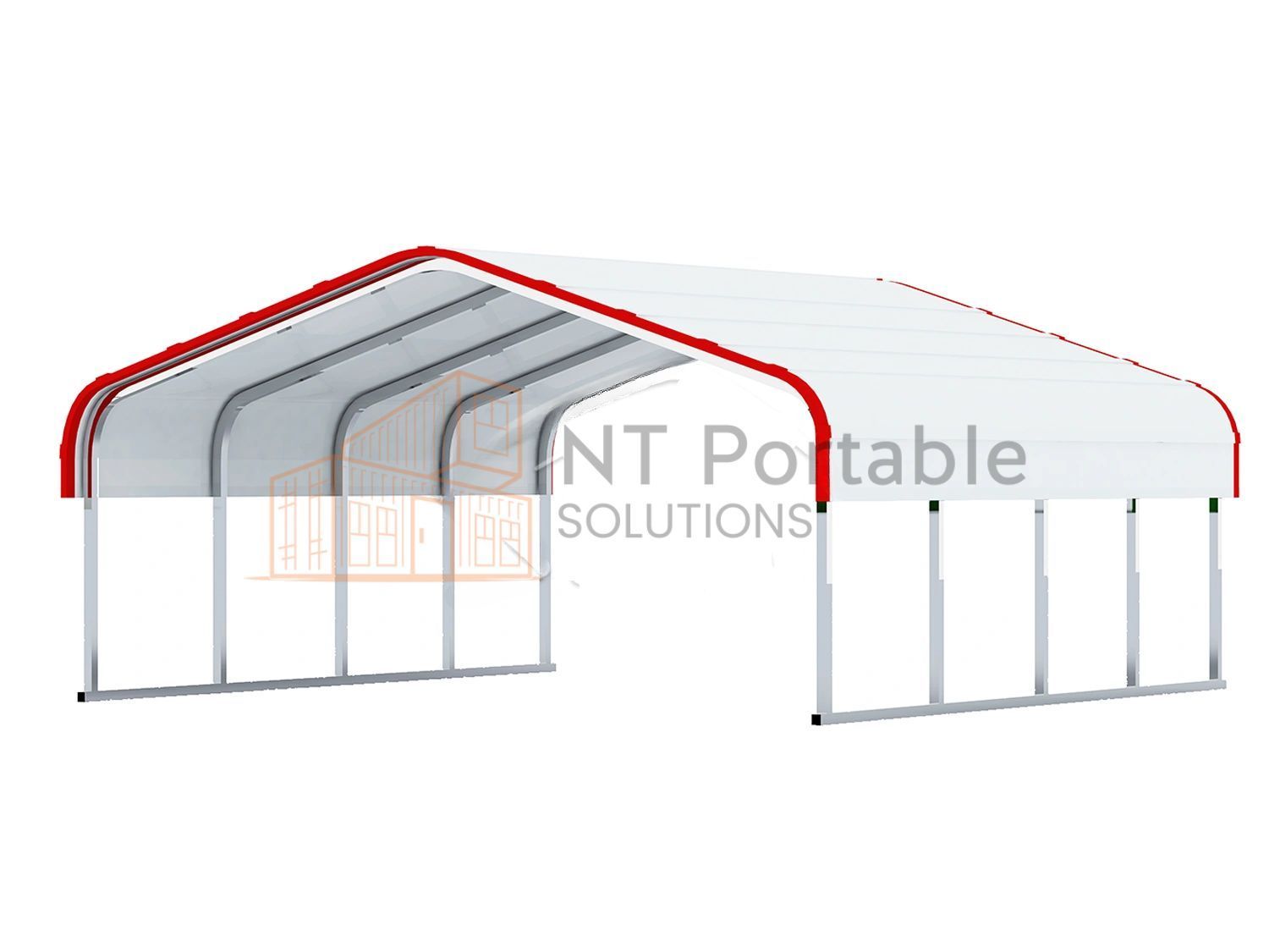 White and red carport with a metal frame, open sides, on a white background.